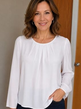 4/$20 Classic White Pleat-Front Women's Blouse